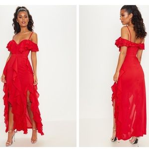 Pretty Little Thing Red Ruffle Maxi Dress